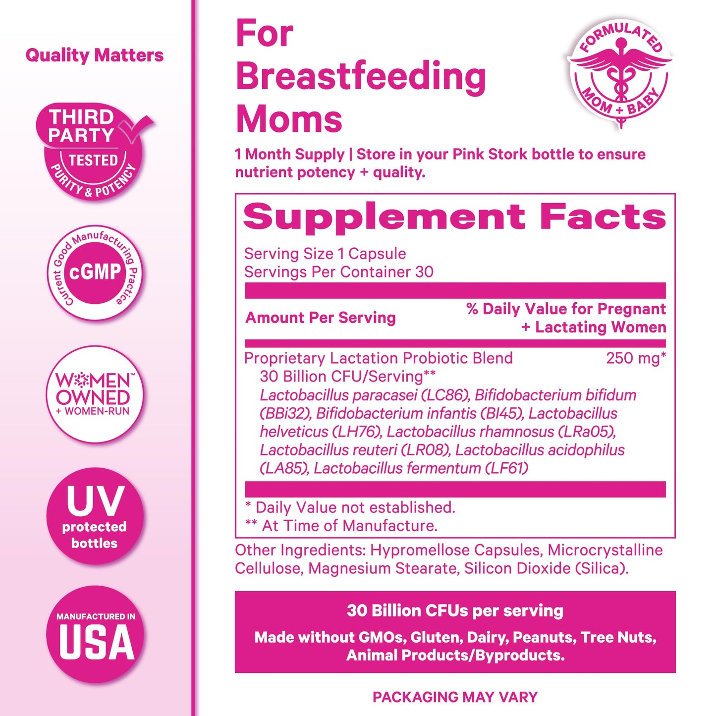 Pink Stork Lactation Probiotic, 30 Billion CFUs, 30 Capsules | Multi Strain Postnatal Probiotics for Breastfeeding Women, Support Breast Milk & Gut Health, Postpartum Essentials