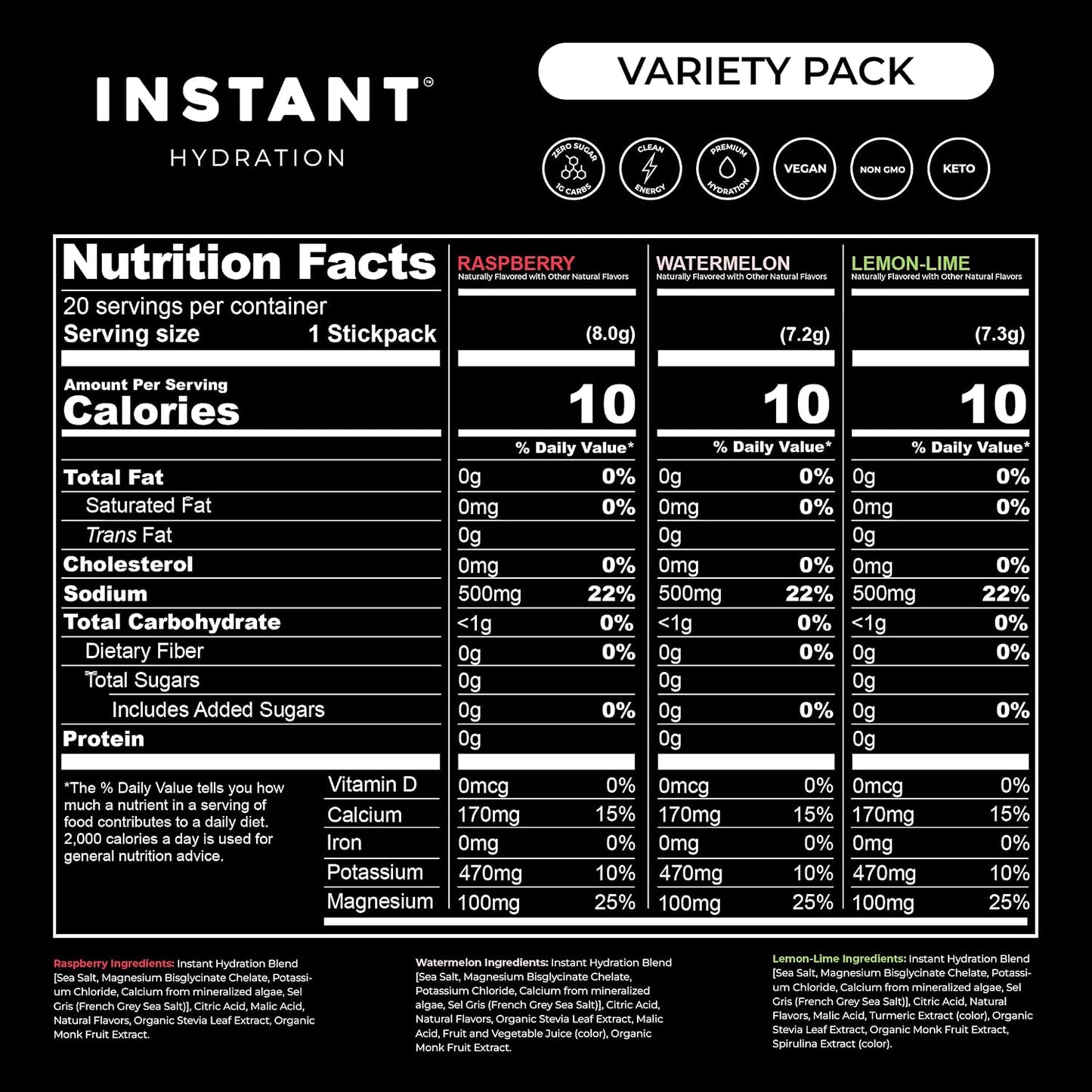 Instant Hydration Sugar Free Electrolytes Powder Packets Variety Pack - Watermelon, Raspberry, Lemon Lime Drink Mix & Travel Essentials with Magnesium and Potassium - Post Workout Recovery - 20 Sticks