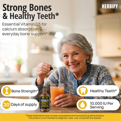 HERBIFY Vitamin D3 10000 IU - Made in USA Liquid Vitamin D Drops - Bone Strength and Immune Support Supplement - Sunshine Replacement - D3 Vitamin Bone and Teeth Supplement - 30 Days Supply - 2 Oz