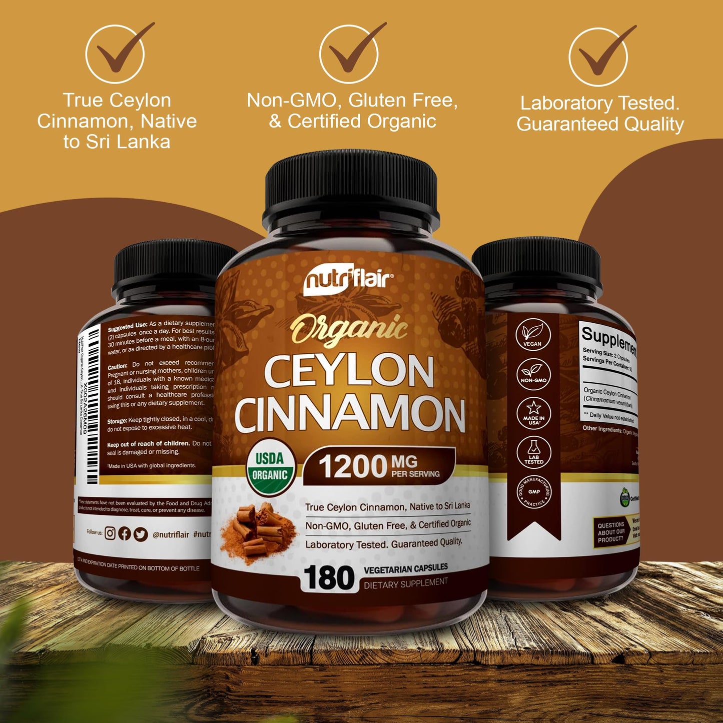 NutriFlair Organic Ceylon Cinnamon Supplement 1200mg, 120 Capsules - USDA Certified - Non-GMO, Gluten Free Powder, Antioxidant Pills