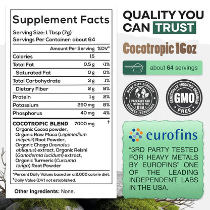 Organic Cocotropic Mushroom Hot Cocoa - Mushroom Coffee Alternative | Sugar Free Hot Chocolate | Organic Cocoa Powder, Reishi Mushrooms, Chaga, Maca Root, Turmeric | Delicious Sustained Focus, Energy & Mood Without Jitters | 16oz