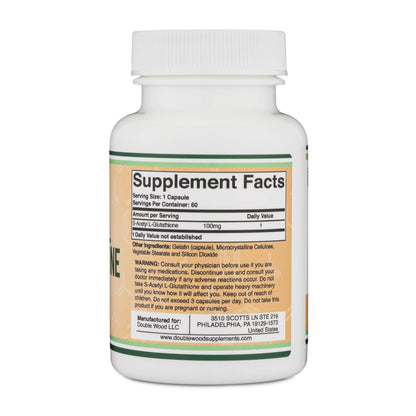 S-Acetyl L-Glutathione Capsules - 100mg, 60 Count (Acetylated Glutathione Antioxidant - More Absorbable Than Glutathione and Liposomal Glutathione, Non-GMO and Gluten Free) by Double Wood