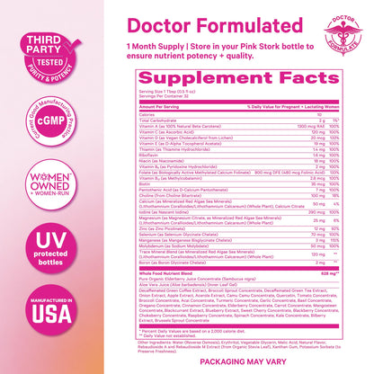 Pink Stork Liquid Prenatal Vitamins for Women – Berry, 32 Servings | Doctor Formulated, Organic Whole-Food Blend, Methylated Folate, Sugar-Free, Fertility to Postpartum, Breastfeeding Friendly