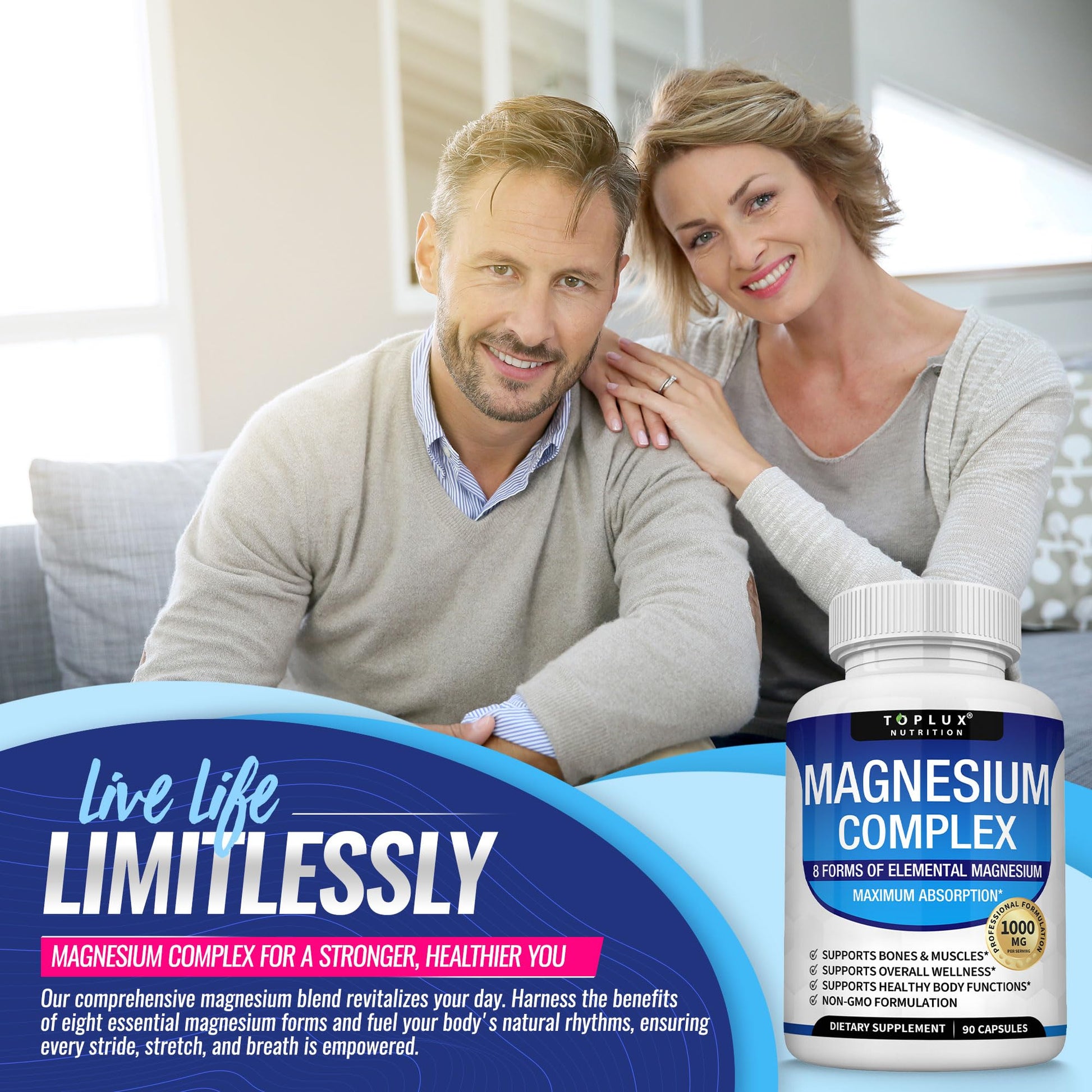 Magnesium Complex Supplement 8 Elemental 1000mg - Magnesium Glycinate, Citrate, Malate, Taurate, Chelated for Easy Absorption for Bones, Muscle, Recovery, Energy, Vegan Non-GMO 90 Capsules TopluxBuy Supplements Australia