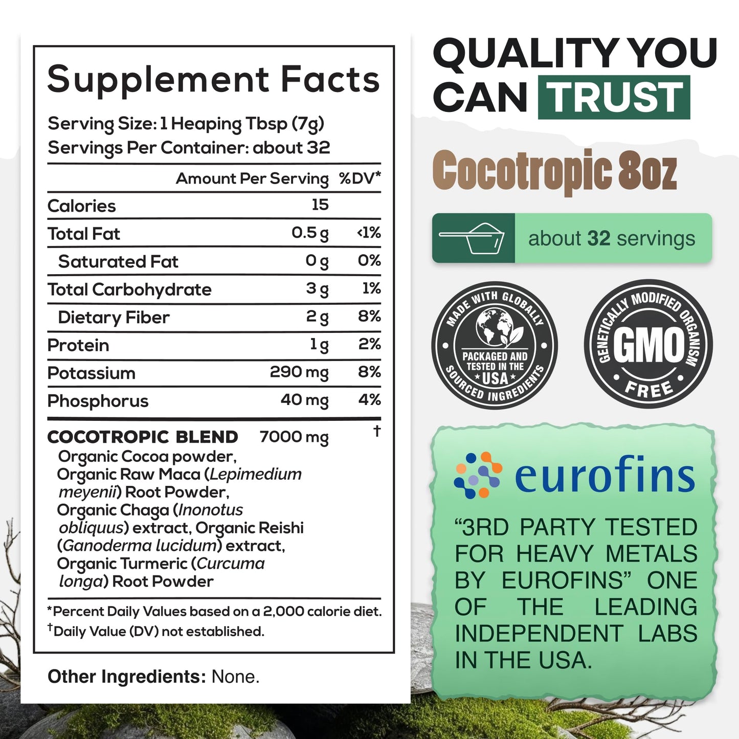Organic Cocotropic Mushroom Hot Cocoa - Mushroom Coffee Alternative | Sugar Free Hot Chocolate | Organic Cocoa Powder, Reishi Mushrooms, Chaga, Maca Root, Turmeric | Delicious Sustained Focus, Energy & Mood Without Jitters | 16oz