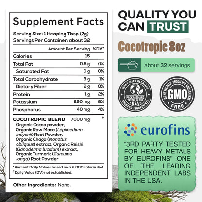 Organic Cocotropic Mushroom Hot Cocoa - Mushroom Coffee Alternative | Sugar Free Hot Chocolate | Organic Cocoa Powder, Reishi Mushrooms, Chaga, Maca Root, Turmeric | Delicious Sustained Focus, Energy & Mood Without Jitters | 16oz