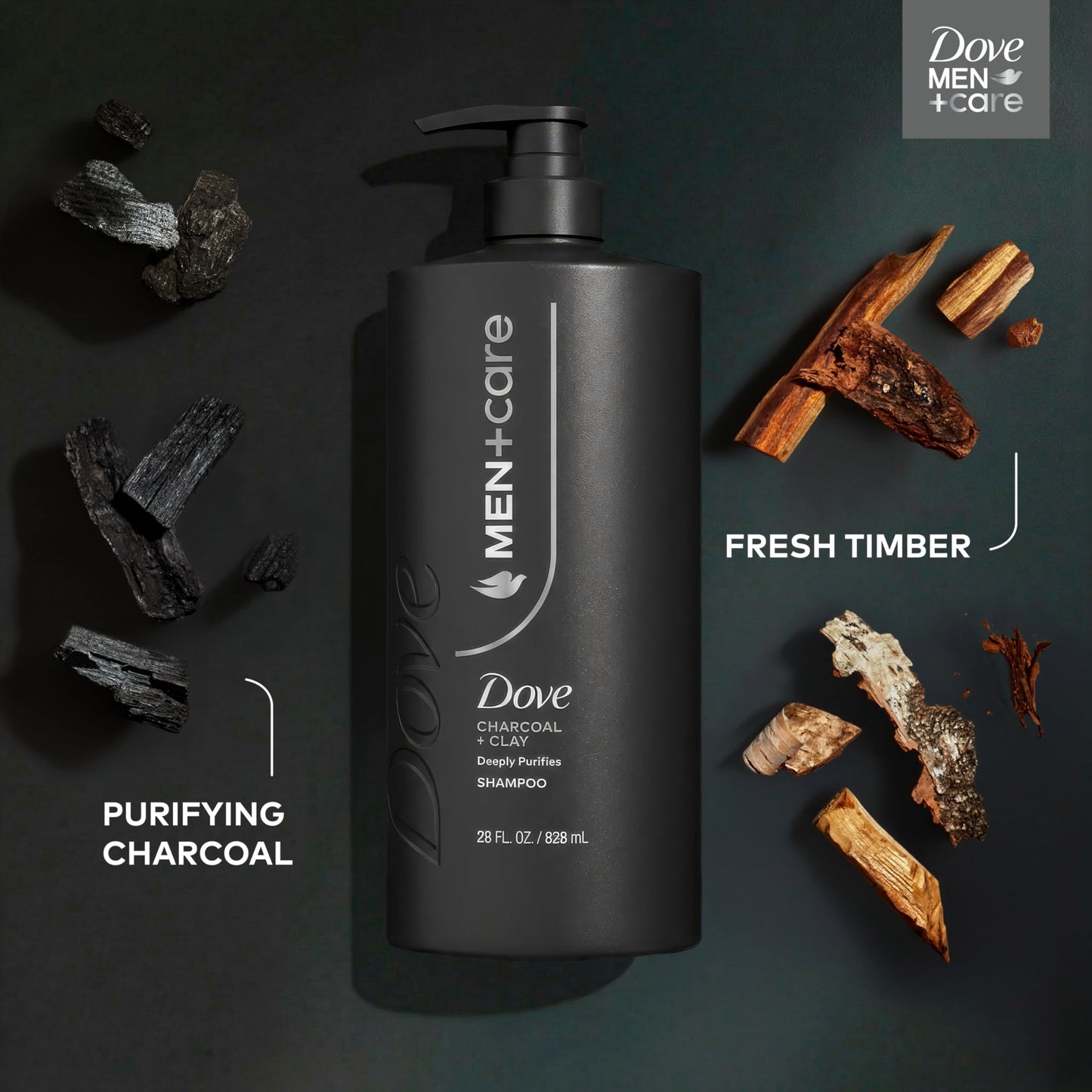 DOVE MEN + CARE Shampoo 1 count Charcoal + Clay for Real Hair that Powers Up Hair Strength, with Deep Purifying Benefits, 28 Fl oz