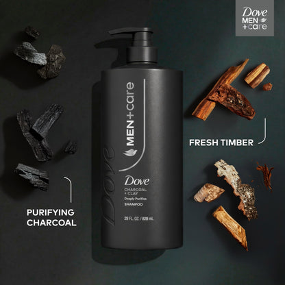 DOVE MEN + CARE Shampoo 1 count Charcoal + Clay for Real Hair that Powers Up Hair Strength, with Deep Purifying Benefits, 28 Fl oz