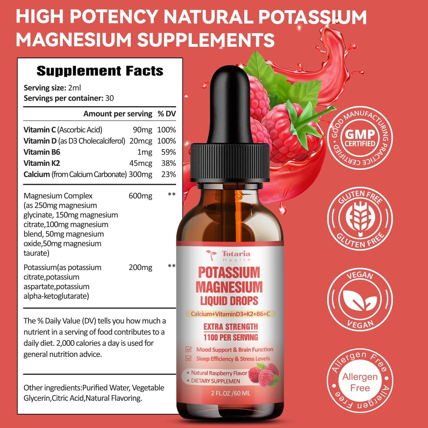 Potassium Magnesium Supplement Liquid Drops - High Absorption Potassium Supplement with Magnesium, Calcium, Vitamin D3 K2, Vegan, Non-GMO Potasio Support Leg Cramps, Bone, Muscle - 2 Fl oz