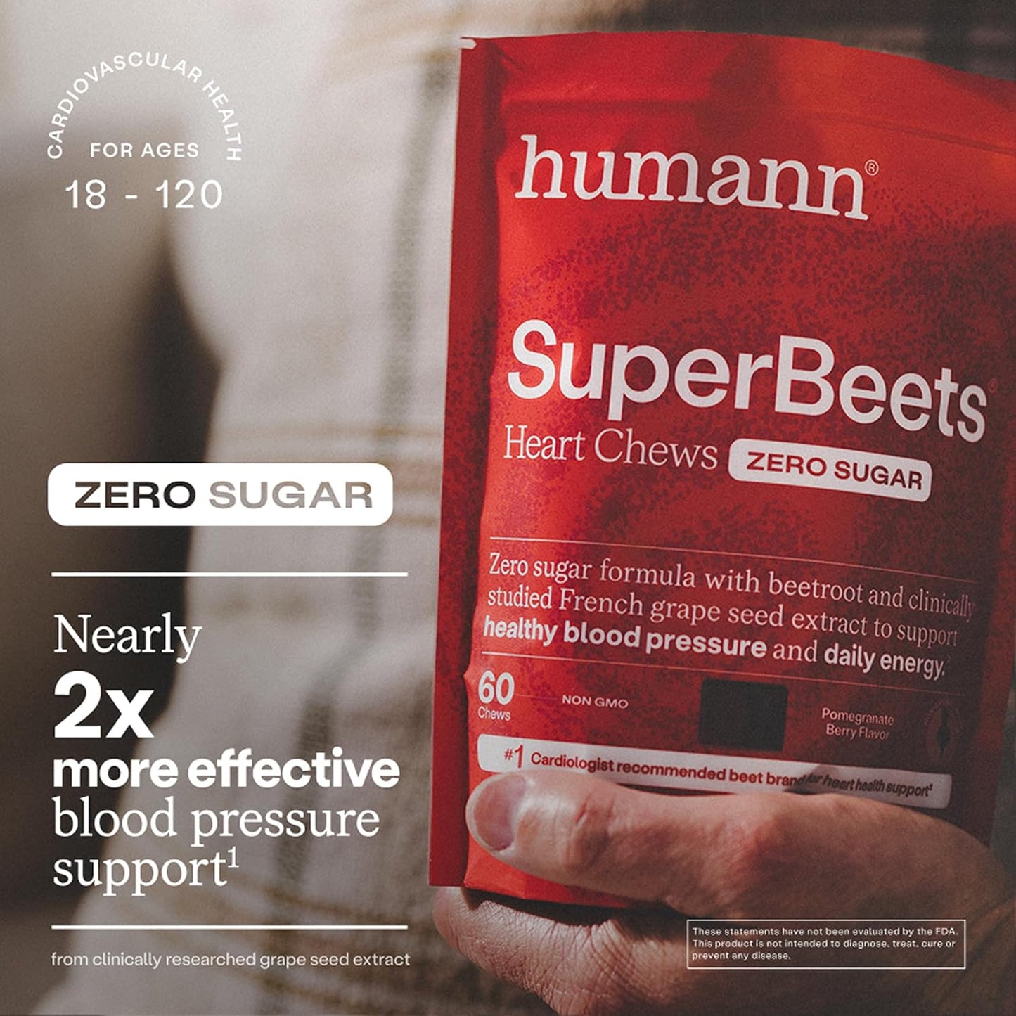 HumanN SuperBeets Heart Chews Zero Sugar, Beet Root Supplement, Energy, Nitric Oxide and Blood Pressure Support, Grape Seed Extract & Non-GMO, Heart Health, Pomegranate Berry Flavor, 60 Count