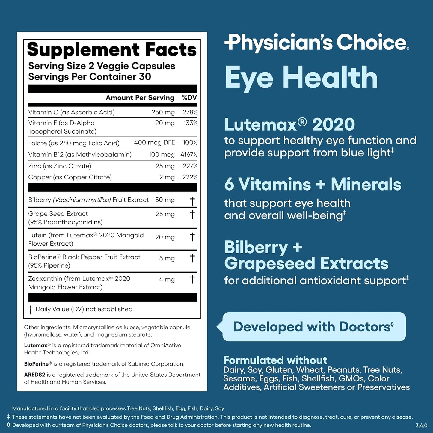Physician's Choice Eye Health - Lutein, Zeaxanthin & Bilberry Extract - Supports Eye Strain, Dry Eyes, and Vision Health - 2 Award-Winning Clinically Proven Eye Vitamin Ingredients - Carotenoid Blend