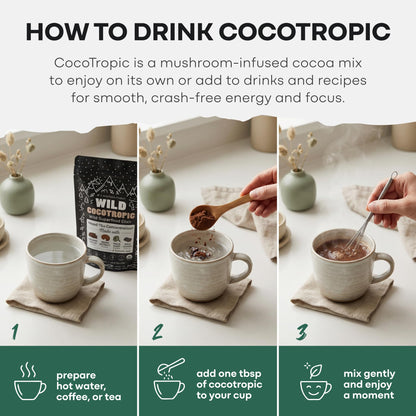 Organic Cocotropic Mushroom Hot Cocoa - Mushroom Coffee Alternative | Sugar Free Hot Chocolate | Organic Cocoa Powder, Reishi Mushrooms, Chaga, Maca Root, Turmeric | Delicious Sustained Focus, Energy & Mood Without Jitters | 16oz