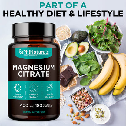 Magnesium Citrate Powder Capsules 400mg - 180 Count Veg Caps - PhiNaturals Supplements - Nervous System Support and Enzyme Function
