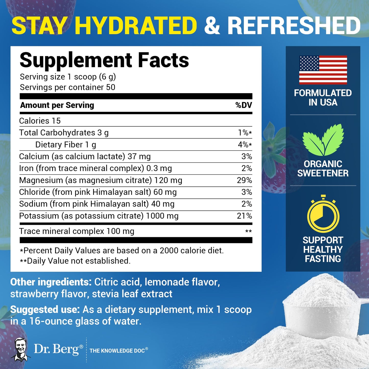 Dr. Berg Zero Sugar Hydration Keto Electrolyte Powder - Enhanced w/ 1000 mg of Potassium & Real Pink Himalayan Salt (NOT Table Salt) - Strawberry Lemonade