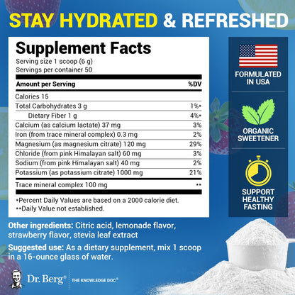 Dr. Berg Zero Sugar Hydration Keto Electrolyte Powder - Enhanced w/ 1000 mg of Potassium & Real Pink Himalayan Salt (NOT Table Salt) - Strawberry Lemonade