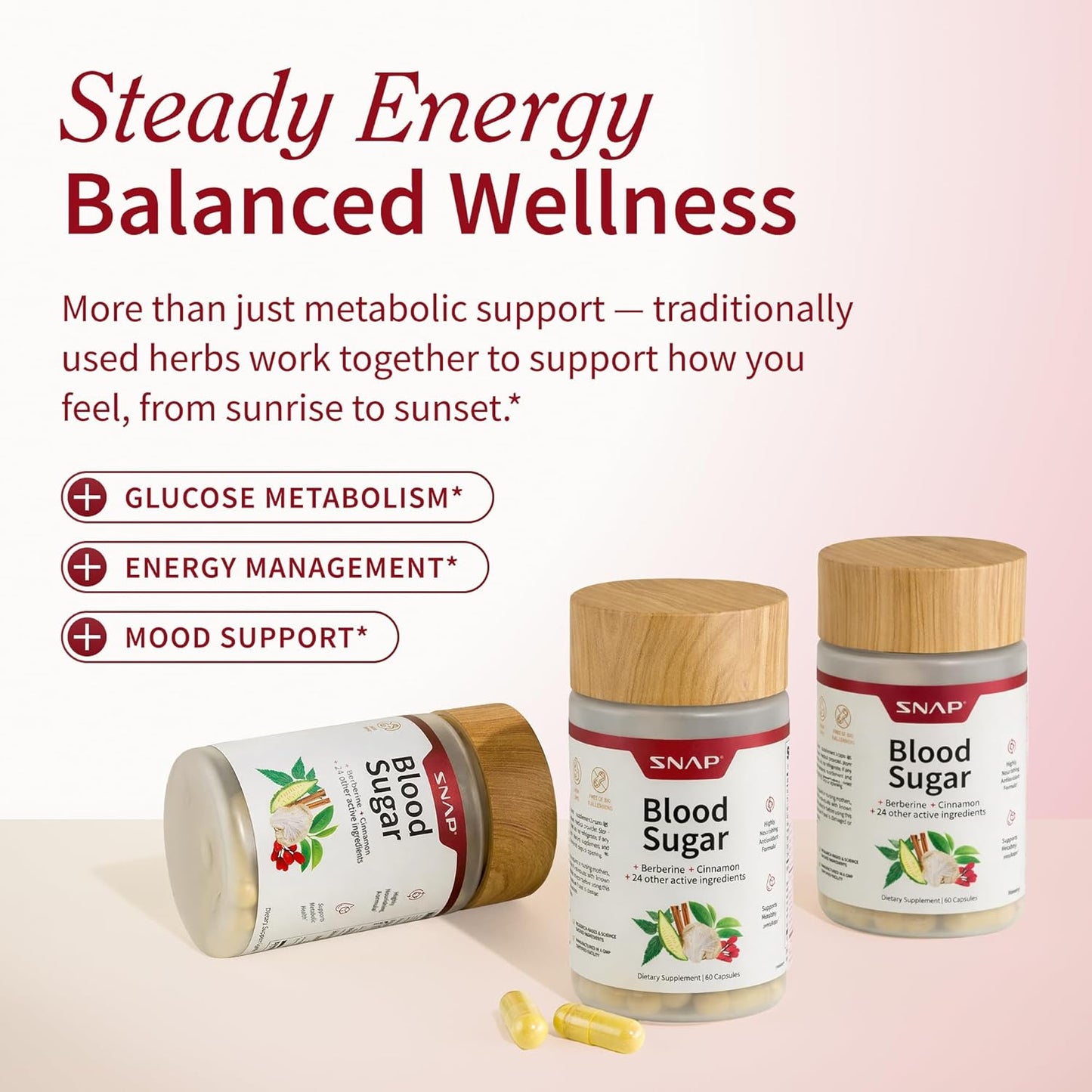 Snap Supplements Blood Sugar Blend with Berberine, CoQ10, 60 Vegan Capsules | Support Already Healthy Blood Sugar, Metabolic Health and Energy, Sugar Free, with CoQ10, Cinnamon (Packaging May Vary)