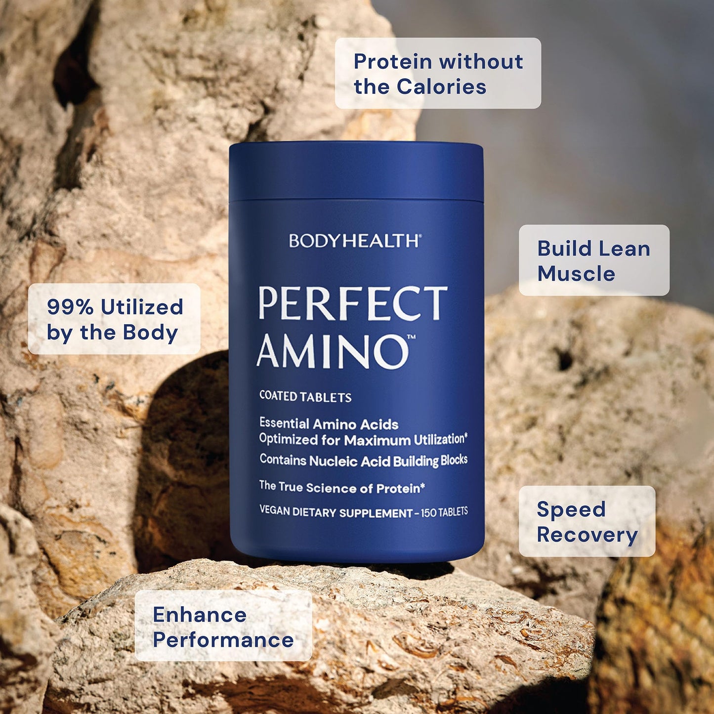 BodyHealth PerfectAmino (150 ct) Easy to Swallow Tablets, Essential Amino Acids Supplement with BCAAs, Vegan Protein for Pre/Post Workout & Muscle Recovery with Lysine, Tryptophan, Leucine, Methionine