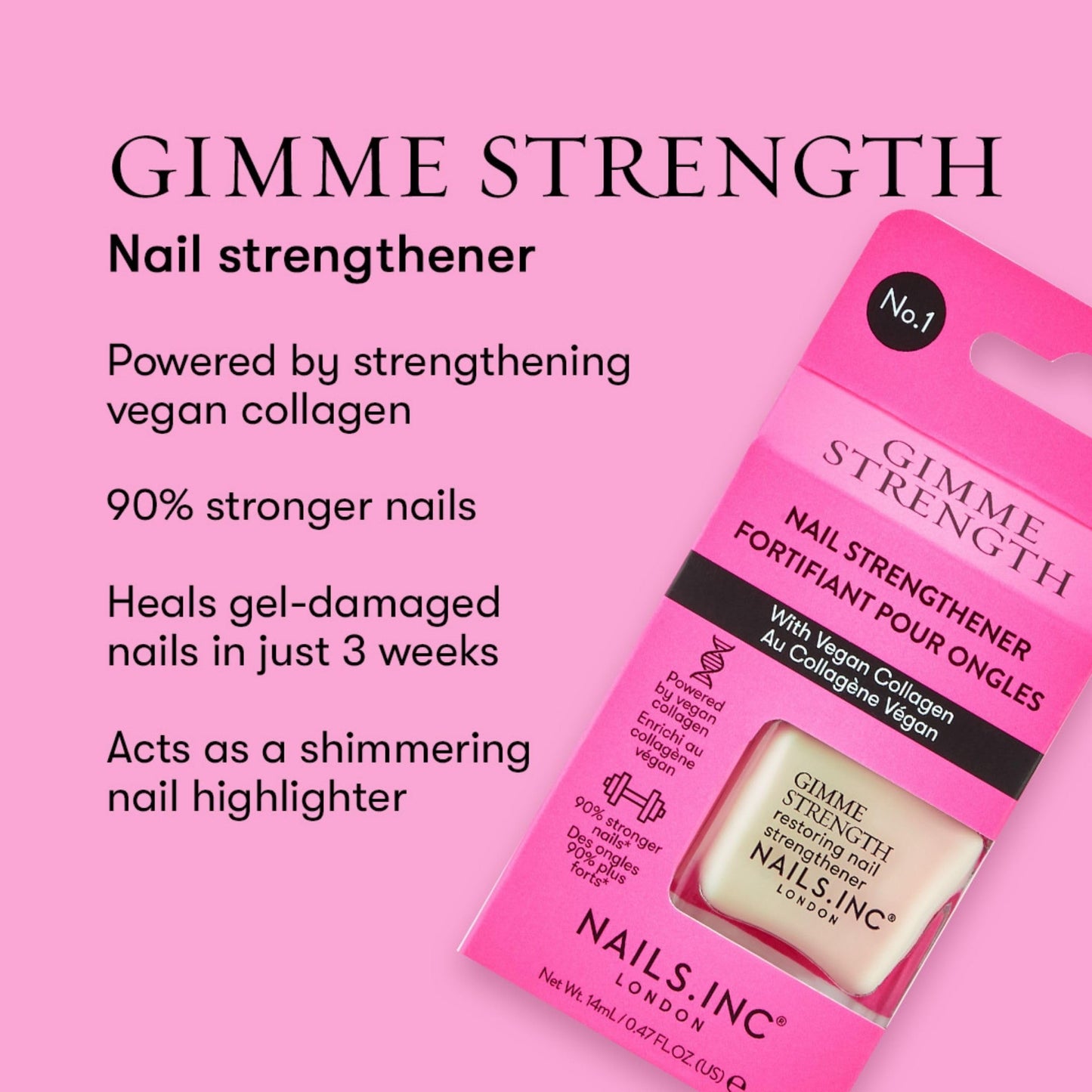 Nails Inc Gimme Strength Nail Treatment, Restoring Strengthener, Vegan Collagen, Shimmering Nail Highlighter, Durable & Strong Nails