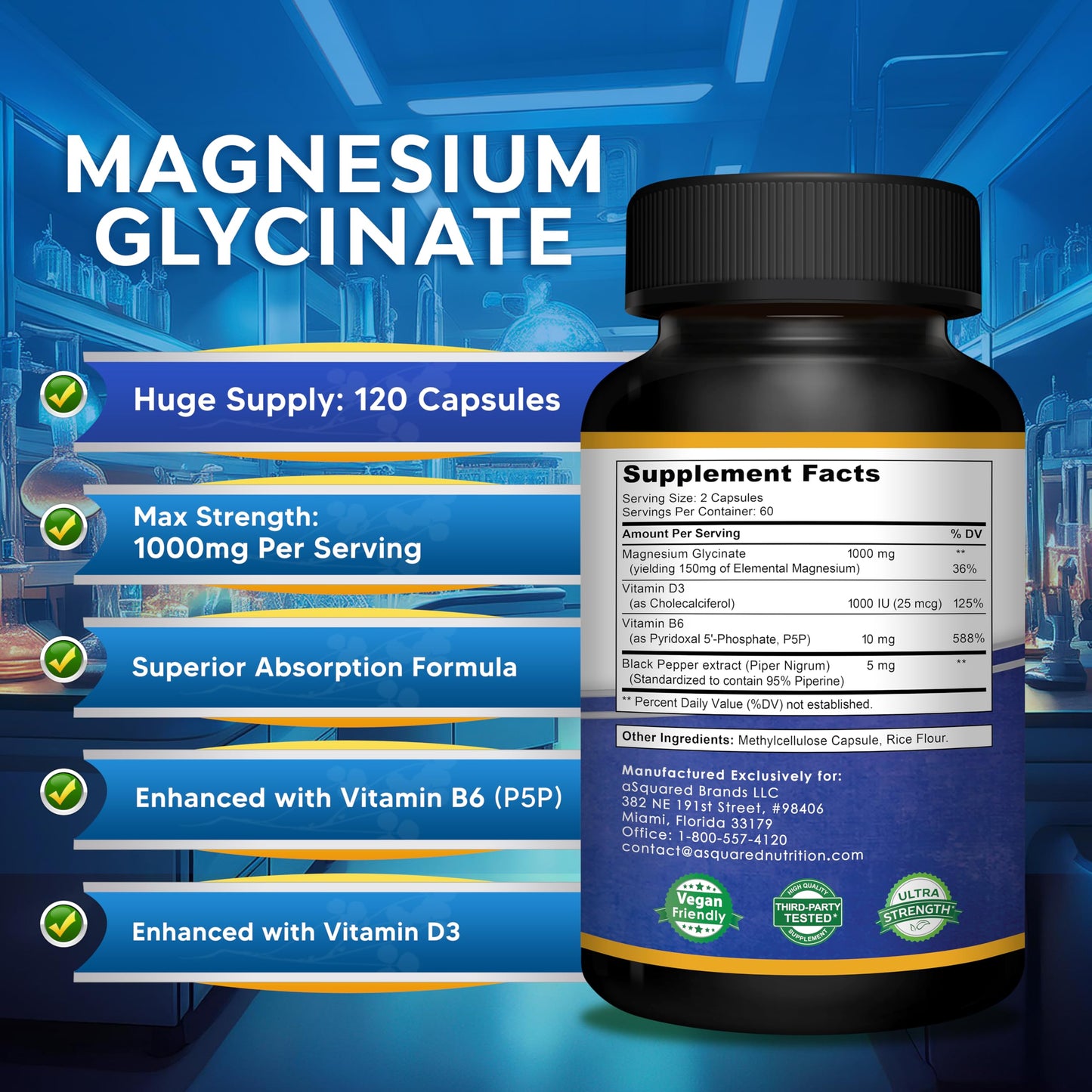 Magnesium Glycinate 1000mg with Vitamin D3 & B6-500mg per Capsule - Pure Elemental Mag Supplement Complex for Sleep, Muscle, Bone Health - Replace Gummies, Tablets & Powder - 120 Capsules aSquared NutritionBuy Supplements Australia