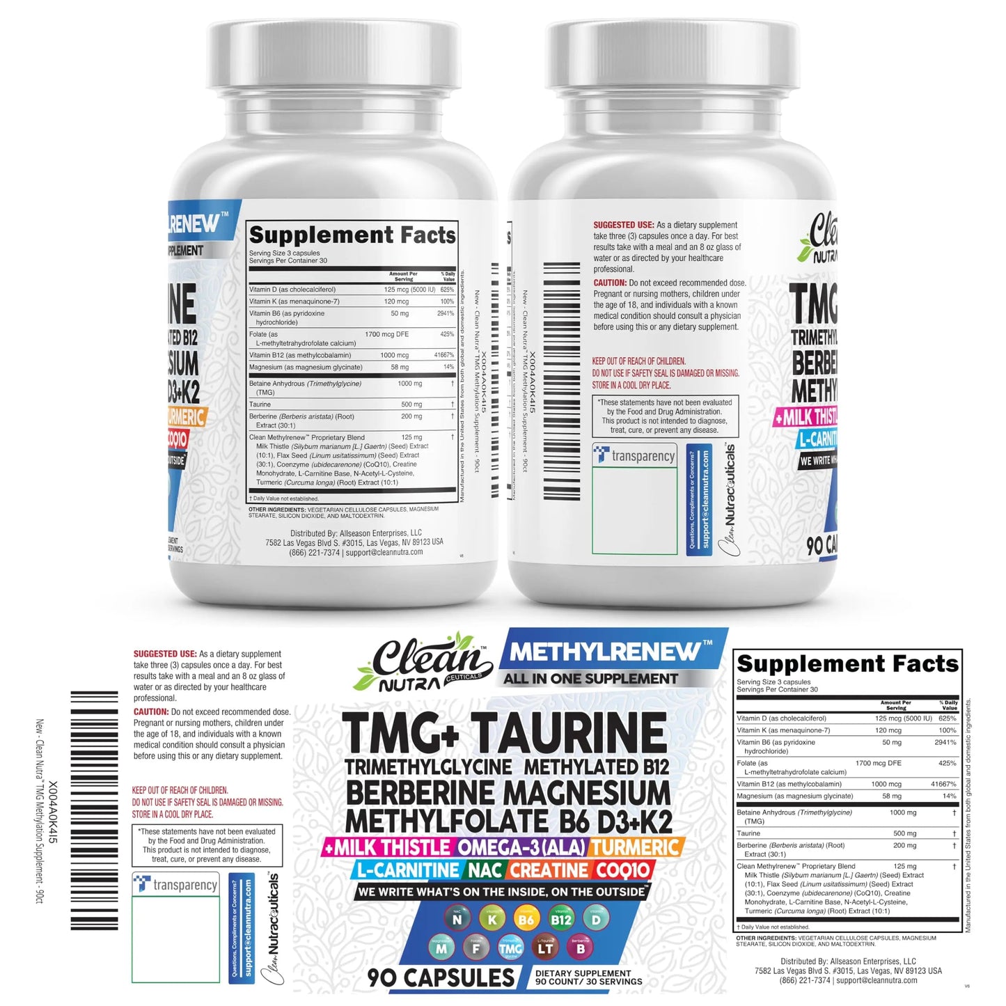 Clean Nutra TMG Supplements 1000mg | Methylated Multivitamin for Women Men | Taurine B6 Vitamins B12 D3 K2 Trimethylglycine Magnesium Clean Nutraceuticals
